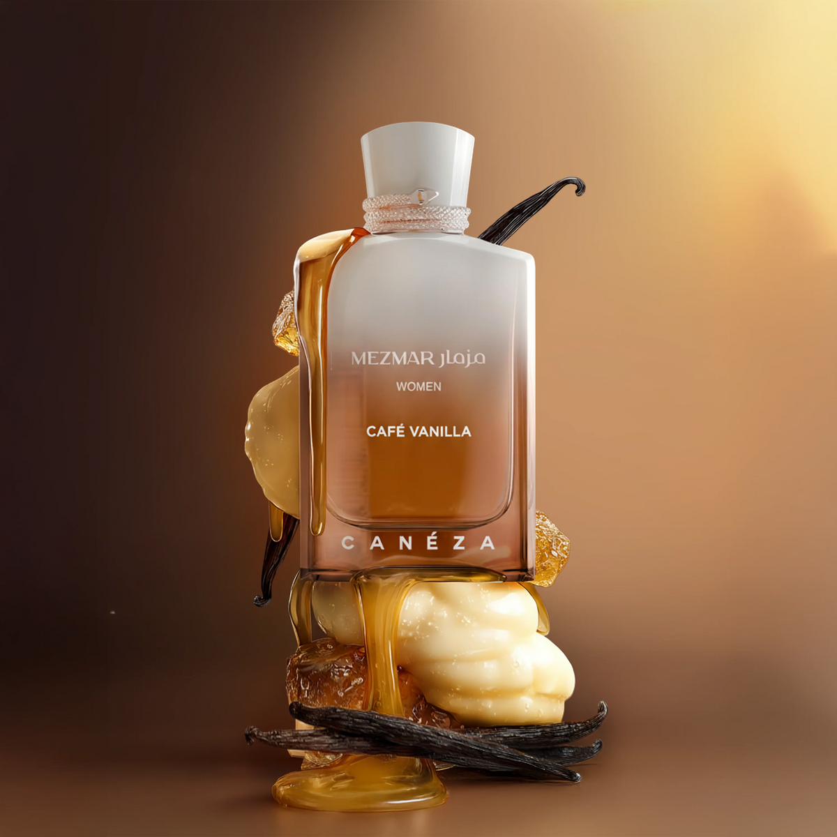 Perfume bottle labeled 'Café Vanilla' by MEZMAR JÑllo on a brown background