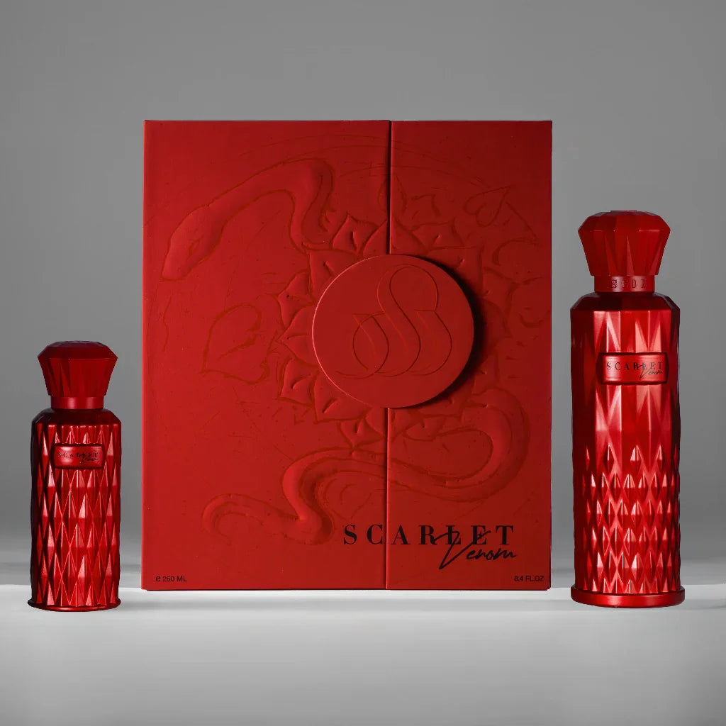 Scarlet Venom luxury perfume set with red embossed box and diamond-cut bottles