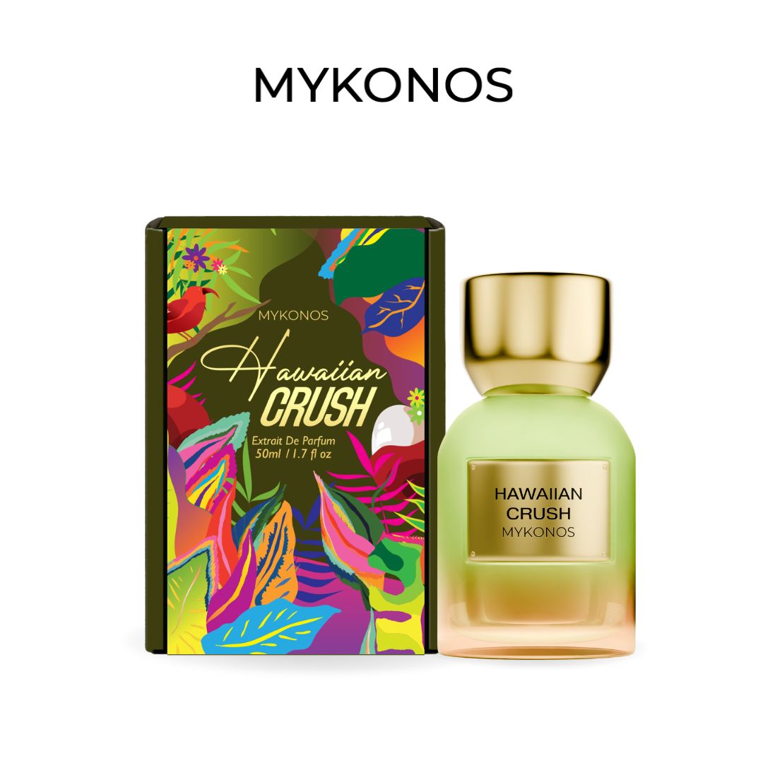 Mykonos Hawaiian Crush Eau de Parfum 50ml bottle with a gold cap next to its colorful tropical leaf-patterned box, shown on a white background with the MYKONOS brand name above.