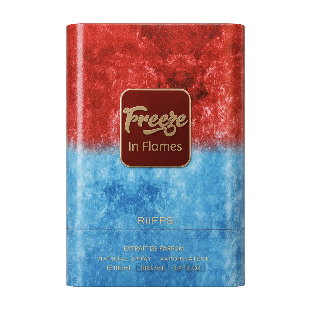 Riiffs Freeze in Flames 100ml perfume bottle with a vibrant red and blue textured gradient finish and gold lettering.
