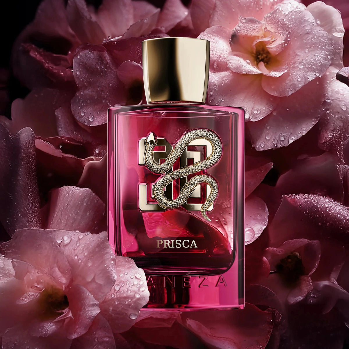 Perfume bottle with snake design surrounded by pink flowers