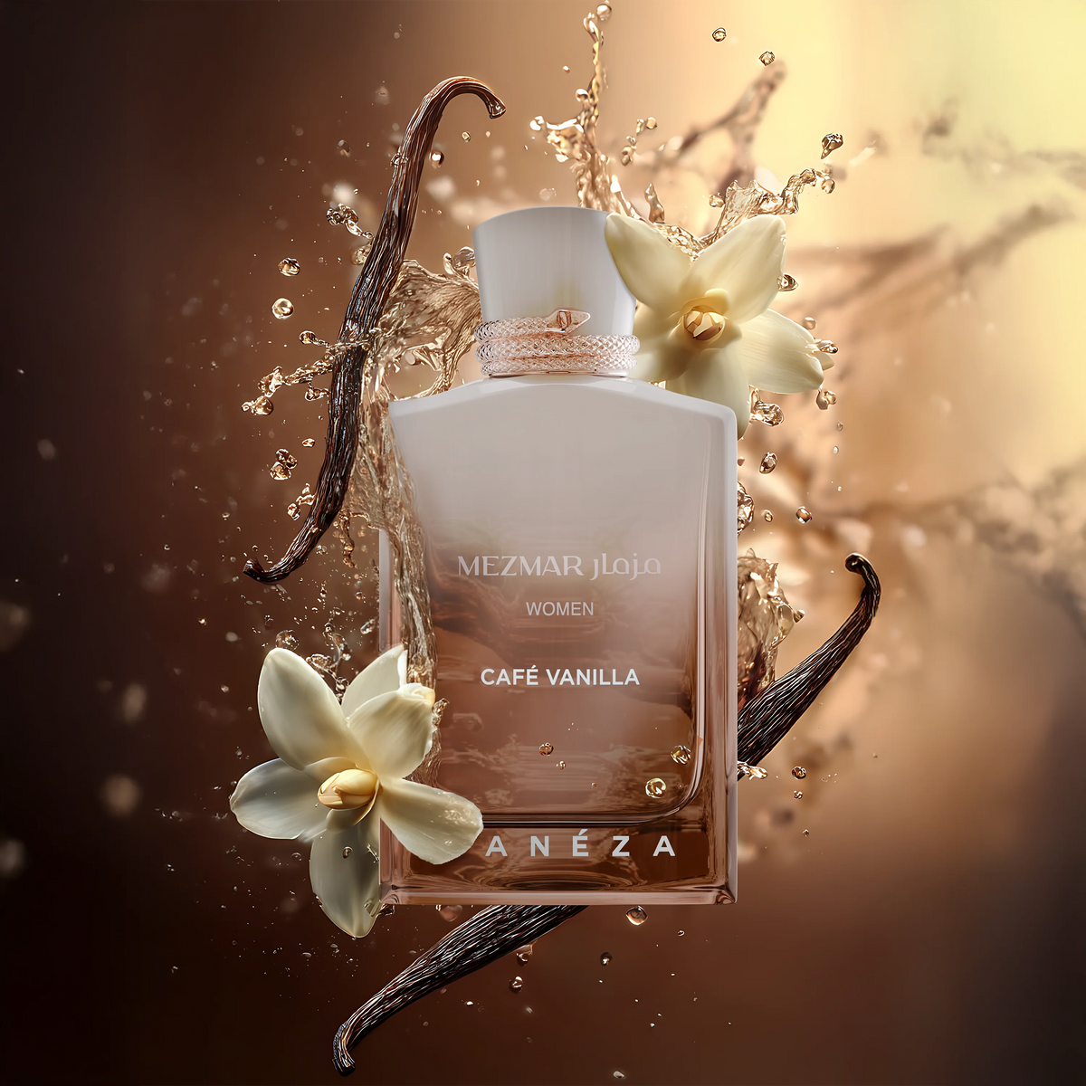 Perfume bottle labeled 'Café Vanilla' with vanilla beans and flowers on a warm background