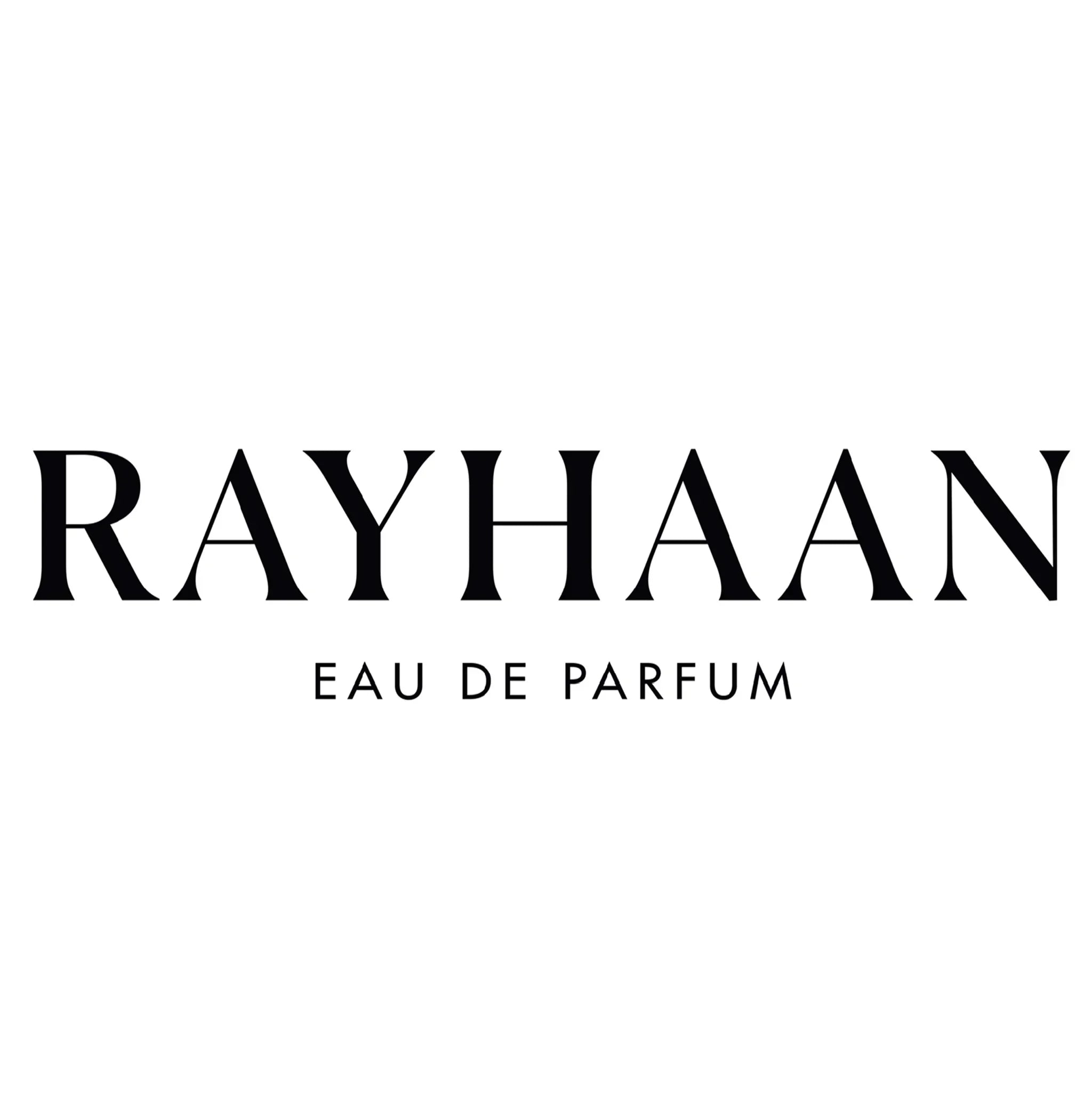 Rayhaan Eau de Parfum logo in elegant black text on white background, luxury perfume branding